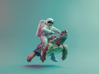 Fototapeta premium Astronaut riding a giant sea turtle floating in midair, holding it by the reins. Ocean wildlife surrealistic background.