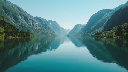 Fototapeta premium Norway fjord on a sunny day, with deep blue waters and dramatic cliffs. Mountains reflecting in the clear blue water.