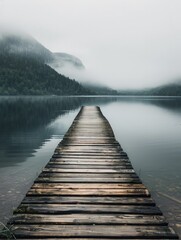 Obraz premium a wooden path to calm lake, landscape nature photo, minimal wallpaper hyper realistic 