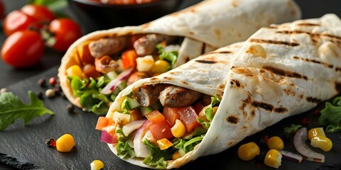 Capturing a Kebab Wrap in a Studio Setting with Fresh Ingredients on a Black Background. Concept...