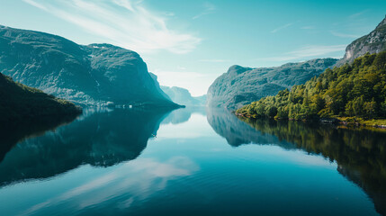 Norway fjord on a sunny day, with deep blue waters and dramatic cliffs. Mountains reflecting in the...