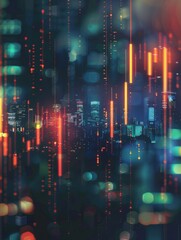 Obraz premium Abstract glowing big data forex candlestick chart on blurry city backdrop. Trade, technology, investment and analysis concept hyper realistic 
