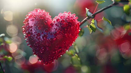 Obraz premium A heart-shaped crystal pendant hanging on a branch, shining in the sun