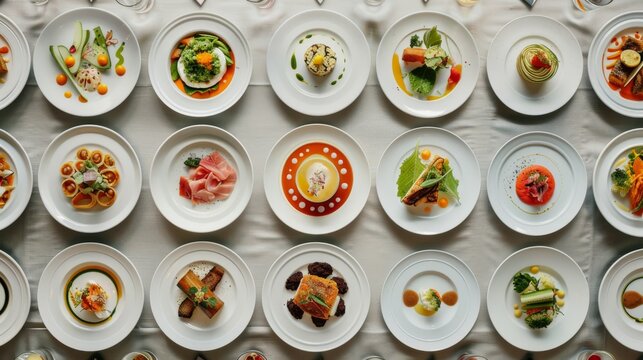 Overhead view of various gourmet dishes meticulously arranged on plates in a restaurant setting