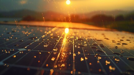 Water droplets glistening on solar panel surface at dawn, revealing intricate panel texture
