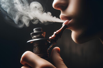 Fototapeta premium smoking a hookah with a focus on the mouthpiece and smoke
