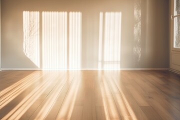 Light wall and wooden parquet floor, sunrays and shadows from window morning sun curtains reflection warm shadow