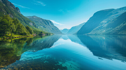 Norway fjord on a sunny day, with deep blue waters and dramatic cliffs. Mountains reflecting in the...