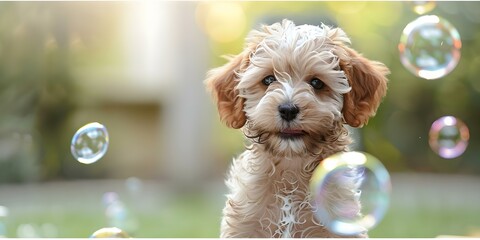 Cute Maltipoo puppy having fun with soap bubbles during grooming session. Concept Puppy Grooming, Pet Photography, Bath Time, Bubble Fun, Maltipoo Puppies