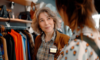 Friendly female shop assistant helping customer in clothing store. Concept of retail service, customer assistance, shopping experience, friendly staff, clothing store interaction.