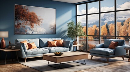 Living room interior with light blue walls and matching furniture, large windows letting and painting on the wall