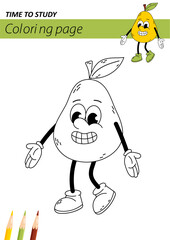Pear. Funny cartoon character pear in flat and doodle style. Kids coloring book with a funny character in A4 format. Task, coloring page for children. Kindergarten, primary school.