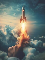 Obraz premium Businessman-controlled rocket is launching and soaring from hand into the sky for growing business, fast business success, and startup business concept. hyper realistic 