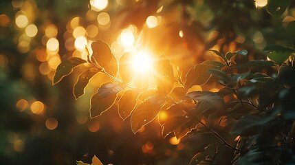 The sun shines through the trees, creating a beautiful and serene scene.