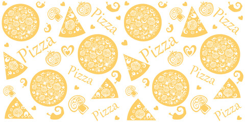 Seamless pattern with pizza slice. Italian Vector pizza. Italian pizza with tomato, mushrooms, peppers, olives, cheese. Doodles pizza icons on the grey background. Backdrop with fast food symbols.