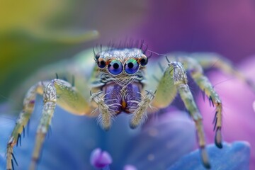Fototapeta premium Colorful Jumping Spider Close-Up on Flower