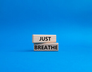 Obraz premium Just Breathe symbol. Wooden blocks with words Just Breathe. Beautiful blue background. Business and Just Breathe concept. Copy space.