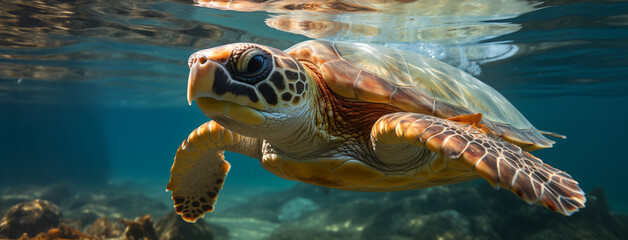 Side View of a Sea Turtle Swimming Near the Surface, Emphasizing Marine Life Conservation