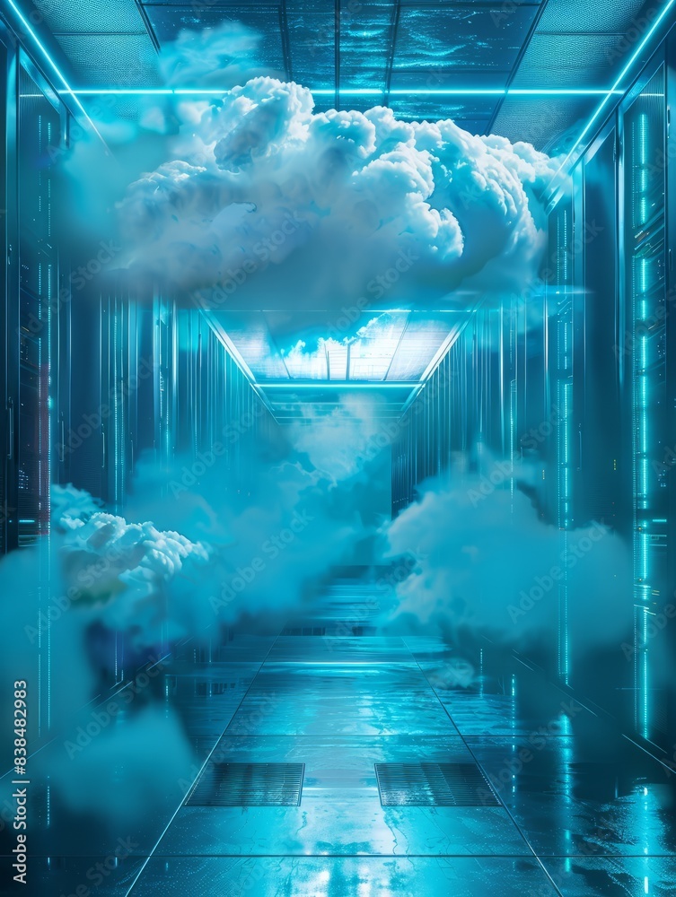 Poster cloud data storage, database, cloud computing concept. hyper realistic