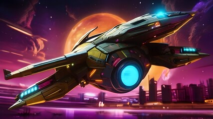 A neon-lit scene of a duck piloting a spaceship with glowing control panels amidst a vibrant nebula in a cyberpunk style
