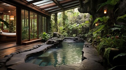 Spa retreat with tranquil pools, lush gardens, and serene ambiance 