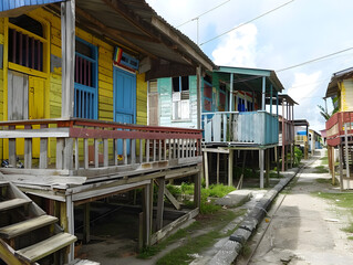 Old wooden houses with intricate designs in Georgetown, showcasing traditional Guyanese architecture and craftsmanship.