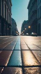 wet city street reflecting the early morning light, with tall buildings lining the sides. The perspective and lighting create a dynamic and urban atmosphere