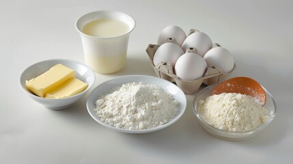 Fototapeta premium Fresh eggs, a bag of flour, a carton of milk, a block of butter, and a bowl of sugar are carefully arranged, ready to be combined into a delectable batter. 