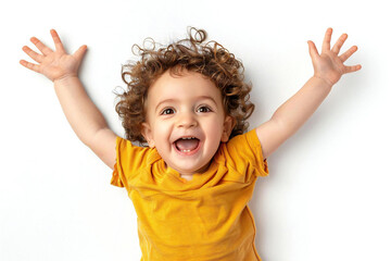Excited Caucasian toddler cheering and bouncing with joy