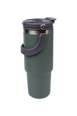 Green stainless steel water bottle isolated on white background.