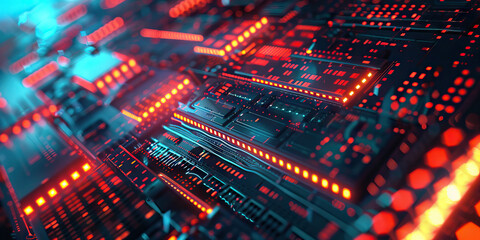 Obraz premium The Neon Net of Information: A futuristic city skyline, illuminated by the glow of data centers.