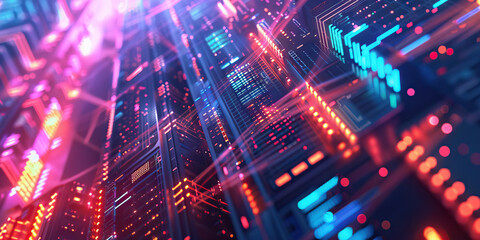 Fototapeta premium The Neon Net of Information: A futuristic city skyline, illuminated by the glow of data centers.