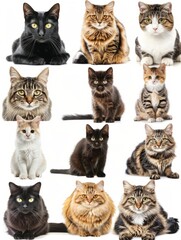 Fototapeta premium Diverse group of cat breeds, including both big and small cats, isolated on a white background hyper realistic 