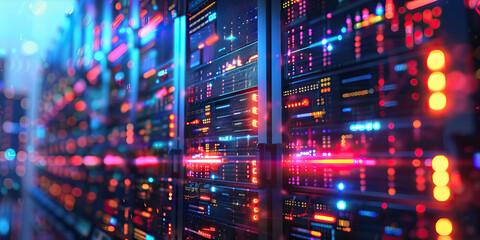 Obraz premium The Neon Net of Information: A futuristic city skyline, illuminated by the glow of data centers.