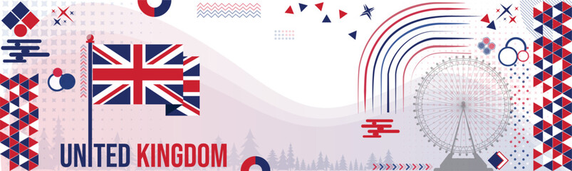 United Kingdom flag design with British flag colors theme background. Great Britain geometric abstract retro modern blue red white design.UK flag banner  london eye vector Illustration.  © QaziazKhan