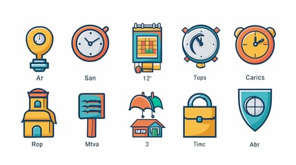 A stock illustration featuring a set of icons representing date, time, and location-related symbols. 