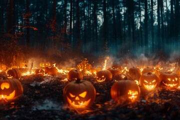 Numerous illuminated pumpkins among trees