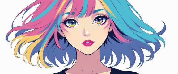 A vibrant anime girl with striking multicolored hair stands against a clean white background. Her bold hair colors and intense gaze make for a visually striking and modern composition.