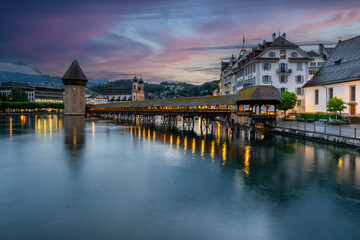 Chapel Bridge in the historic city center of Lucerne, Switzerland
