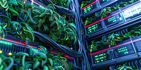The Hexadecimal Hothouse: A lush jungle of servers and network cables, surrounding a massive mainframe.