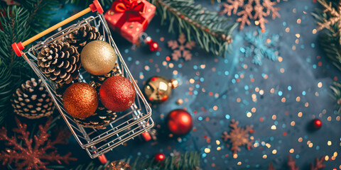 Christmas trees and gifts with a shopping cart in a joyful background