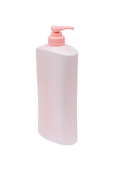 Plastic bottles for containing shower cream, shampoo, hair conditioner, and body cleanser isolated on white background.