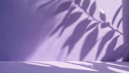 light background of shadows from plant leaves on a light purple wall, minimalistic background for the presentation of your products, stock wallpaper image template spring summer sun rays