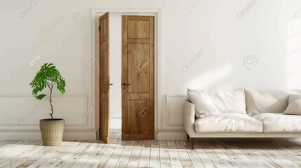 A captivating stock photo capturing the allure of a modern living room interior, as seen through an opened wooden door