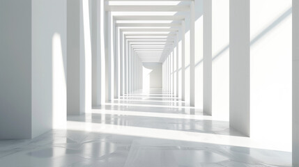 Obraz premium Minimalist Futuristic White Hallway with Geometric Columns and Ambient Lighting in a Clean Modern Space
