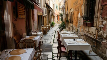 An outdoor table at a charming restaurant tucked away in the alleys of the old town of Bonifacio, a historic city built atop a citadel dating back to the 9th century. 