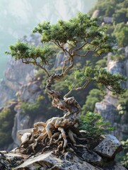 Japanese spiritual tree growing on mountain rocks in nature hyper realistic 