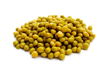 Canned green peas on white background.