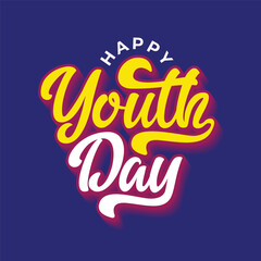 Happy Youth Day calligraphy design on blue background. Beautiful hand drawn lettering greeting card to celebrate International Youth Day on 12 August. Youth Day logo, sticker, poster, banner, flyer