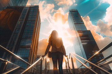 Naklejka na ściany i meble business and career concept, back view of young business woman climbing up the stairs in business city center over sunset